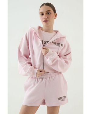 DSGN Studio Applique Boxy Crop Zip Through Hoodie - Pink