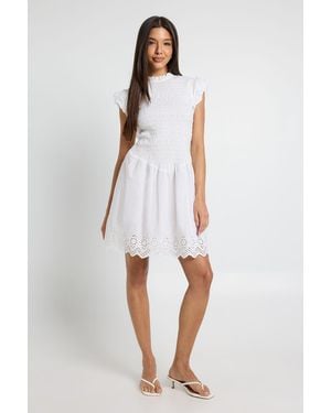Boohoo Shirred Body Mini Dress With Broderie Hem - White