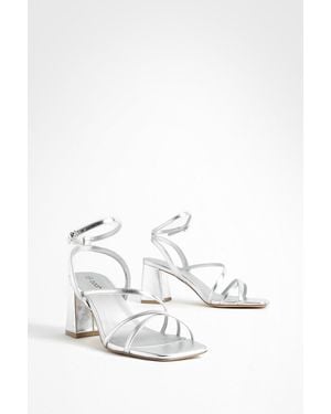 Boohoo Metallic Mid Block Heel Strappy Sandals - White