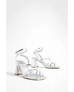 Boohoo Metallic Mid Block Heel Strappy Sandals - White