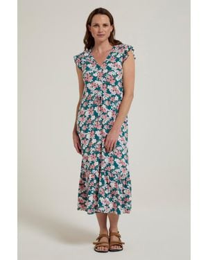 Mountain Warehouse 'Cyprus' Ruffle Tiered Dress Casual Lightweight Short Sleeve Outfit Viscose - Blue