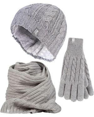 Heat Holders Ladies Knitted Hat Scarf & Gloves Set - Grey
