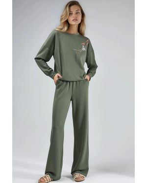 Hiccup Embroidered Crew Neck Sweatshirt & Straight Leg Trousers Two-Piece Set - Green