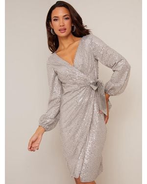 Chi Chi London Wrap Design Sequin Party Dress - Grey