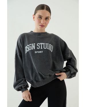 DSGN Studio Collegiate Printed Balloon Sleeve Crew Neck Sweatshirt - Black