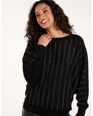 Blue Vanilla Striped Diamante Batwing Jumper - Black