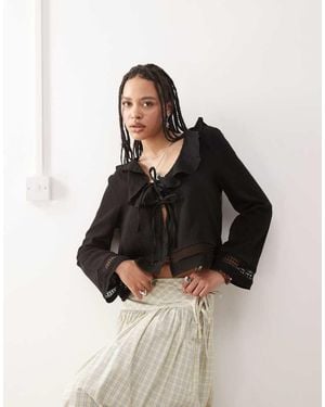 Reclaimed Vintage Frill Neck Boho Top With Fluted Sleeves - Black