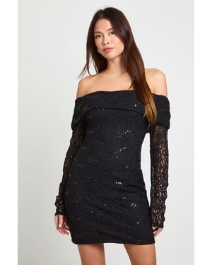 Boohoo Sequin Lace Bardot Mini Dress - Black