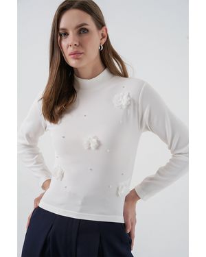 Bigdart 3D Floral Print Long Sleeve Blouse - White