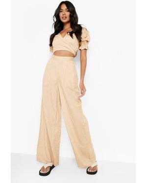 Boohoo Linen Look Wide Leg Relaxed Fit Trousers - Natural