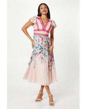 Coast Floral Print Lace Top Pleated Skirt Midi Dress - White