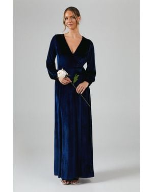 Debut London By Coast Long Sleeve Wrap Velvet Bridesmaids Dress - Blue