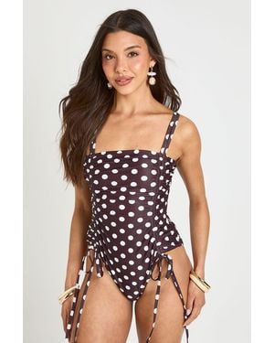 Boohoo Polka Dot Ruched Swimsuit - Black