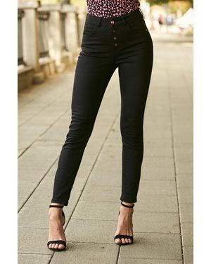 Sosandar Rose Button Front Skinny Jeans Cotton - Black