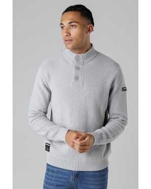 Firetrap Cotton Rich Waffle Knit Funnel Neck Jumper With Buttons - Grey