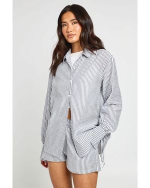 Boohoo Crinkle Stripe Tie Cuff Shirt And Short Co-Ord - Grey