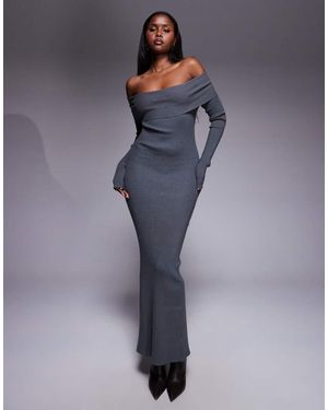 Princess Polly Phylis Foldover Bardot Ribbed Knit Back Split Maxi Dress - Blue