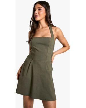 Boohoo Bengaline Square Neck Skater Dress - Green
