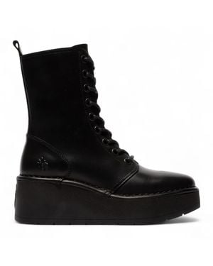Fly London Hait Leather Lace-Up Chunky Platform Ankle Boots - Black
