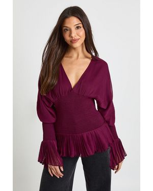 Boohoo Chiffon Shirred Blouse - Purple