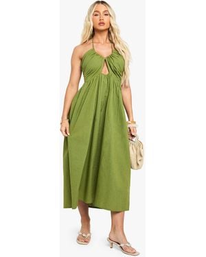 Boohoo Linen Look Ruched Halterneck Midaxi Dress - Green