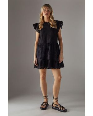 Warehouse Broderie Mix Tier Mini Smock Dress - Grey
