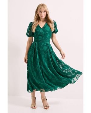 PRINCIPLES Floral Jacquard Puff Sleeve Midi Dress - Green