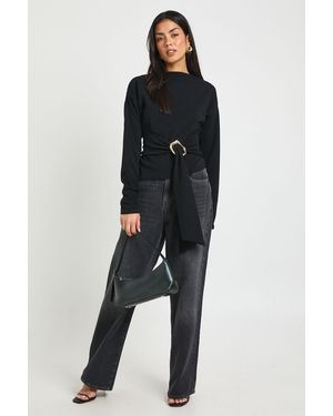Boohoo Crepe Grown On Neck Trim Belt Detail Long Sleeve Top - Black