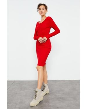 TOMMY LIFE Bodycon Midi Dress With Crew Neck - Red