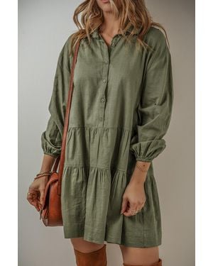 Everyday the Label Jungle Puff Sleeve Buttoned Tiered Pleated Shirt Mini Dress - Green