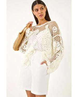 Roman Floral Open Crochet Knit Tunic - Natural