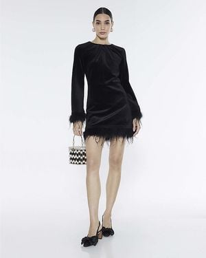 River Island Dress Velvet Long Sleeve Feather Trim - Black