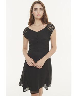 Sosandar Stretch Lace Sleeve Bardot Dress - Black