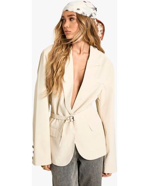 Boohoo Premium Woven Oversized Cinched Waist Belted Blazer - Natural