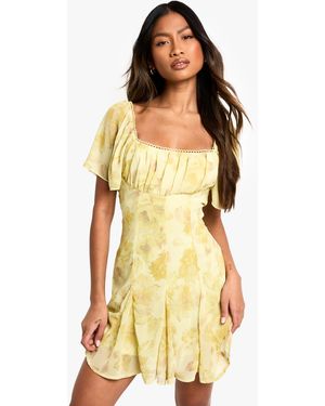 Boohoo Floral Milkmaid Godet Hem Mini Dress - Yellow