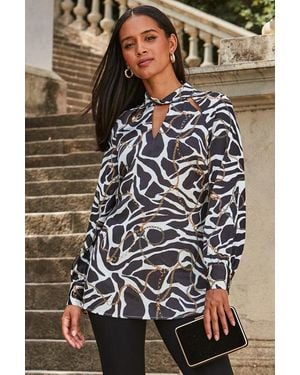 Sosandar Multi Print Keyhole Detail Tunic Top - Black