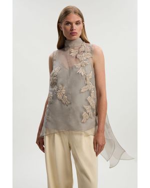 Karen Millen Quilted Applique Organdie Woven Drape Back Blouse - Natural