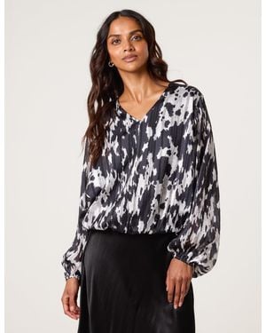 Blue Vanilla Metallic V Neck Bubble Hem Blouse - Black