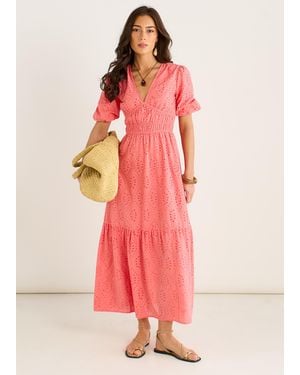 Gini London Diamond Cut Work V Neck Broderie Dress - Pink