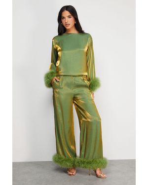 Warehouse Premium Iridescent Feather Cuff Wide Leg Trousers - Green