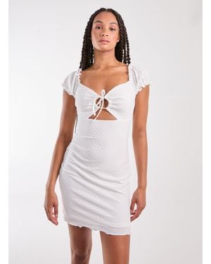 Pink Vanilla Textured Puff Sleeve Key Hole Dress - White