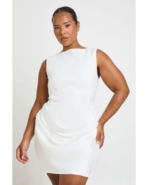 Boohoo Plus Satin Drape Slash Neck Mini Dress - White