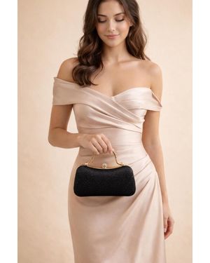 SVNX Diamonte Handle Glitter Clutch Bag With Chain Strap - Black