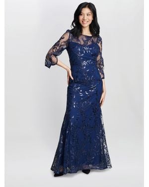 Gina Bacconi Jordana Beaded Maxi Dress With Illusion Sleeves - Blue