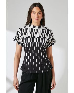 PRINCIPLES Check Print High Neck Detail Crepe Top - Black