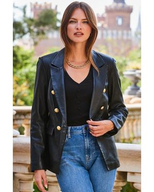 Sosandar Leather Blazer With Button Detail - Black