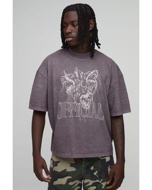 BoohooMAN Washed Oversized Boxy Extended Neck Dog Graphic T-Shirt Cotton - Grey