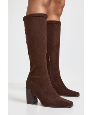 Boohoo Faux Suede Block Stacked Heel Knee High Boots - Brown
