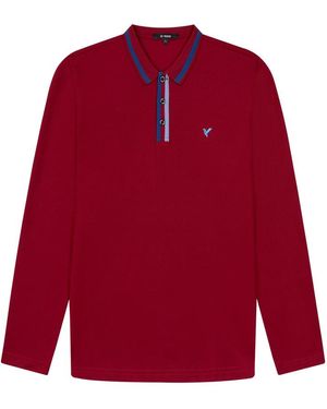 D Rock Long Sleeve Polo Shirt With Dual-Stripe Collar - Red