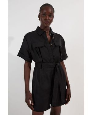 Karen Millen Viscose Linen Woven Belted Playsuit - Black